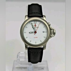 💯Auth MICHELE Classic Black Leather White Dial Alarm Watch